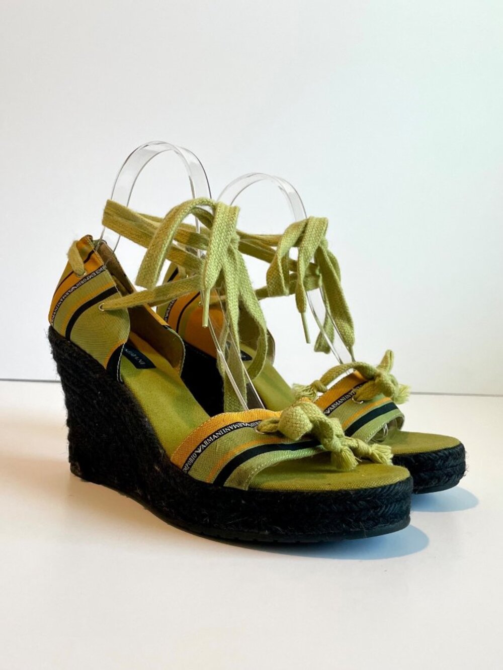 Emporio Armani Ankle-Tie Wedge Espadrille Sandals Woven Black Platform Size 39